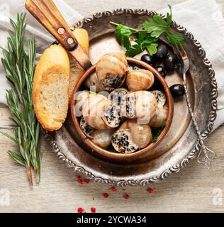 Assiette d'escargots d'escargot cuits remplis de beurre d'ail sur un fond clair. Vue de dessus. Banque D'Images