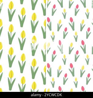 Tulipes colorées motifs sans couture en rose et jaune doux à la mode. Ensemble de 2 décors d'accueil printanier. Illustration vectorielle isolée cartes de vœux, affiches, bannières ou promo Web célébrant la saison Illustration de Vecteur