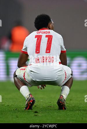 Leipzig, Allemagne. 23 octobre 2024. Football : Champions League, RB Leipzig - Liverpool FC, tour préliminaire, journée 3, Red Bull Arena. Lois Openda de Leipzig réagit sur le terrain. Crédit : Hendrik Schmidt/dpa/Alamy Live News Banque D'Images