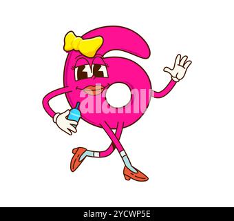 Dessin animé maths numéro six personnage groovy jogging d'une manière ludique, orné d'un arc jaune et tenant une bouteille d'eau. Vecteur isolé drôle arithmétique rose chiffre 6 adorable personnage girlish Illustration de Vecteur