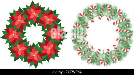 Couronne poinsettia et brindilles de pin avec canne à sucre et flocons de neige cadres de cercle dans les teintes de Noël espace copie. Cartes d'illustration vectorielle isolée, affiche, dépliant, bannière, message d'accueil ou Web, réseaux sociaux Illustration de Vecteur
