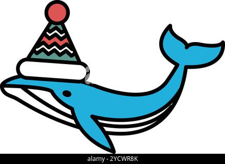 Une baleine bleue avec un chapeau sur la tête. Le chapeau est rouge et blanc. La baleine porte un chapeau et sourit Illustration de Vecteur