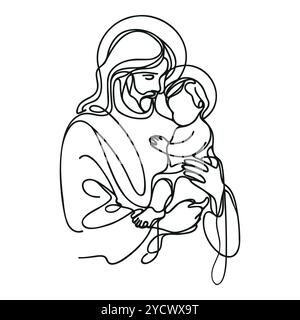 Un dessin de ligne continue d'un Jésus-Christ minimal tenant un bébé dans ses bras. Illustration de Vecteur