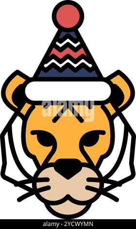 Un tigre de dessin animé avec un chapeau sur la tête. Le chapeau est rouge et bleu. Le tigre a une expression sérieuse sur son visage Illustration de Vecteur