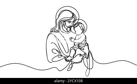 Un dessin de ligne continue d'un Jésus-Christ minimal tenant un bébé dans ses bras. Illustration de Vecteur