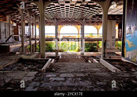 Krk, Croatia, August 31 2017: Abandoned and destructed luxury hotel Palace Haludovo in Malinska, Island of Krk, Croatia. In 1970's and 1980's it was t Stock Photo