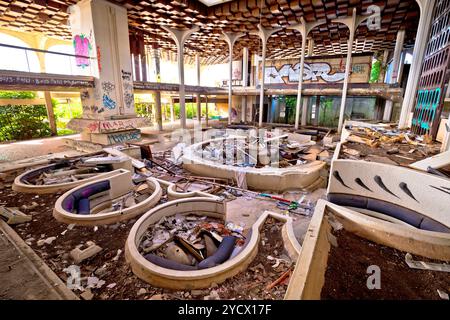 Krk, Croatia, August 31 2017: Abandoned and destructed luxury hotel Palace Haludovo in Malinska, Island of Krk, Croatia. In 1970's and 1980's it was t Stock Photo