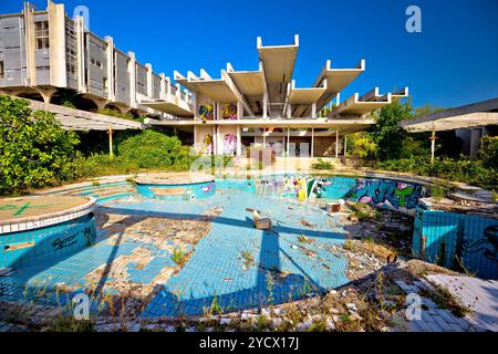 Krk, Croatia, August 31 2017: Abandoned and destructed luxury hotel Palace Haludovo in Malinska, Island of Krk, Croatia. In 1970's and 1980's it was t Stock Photo