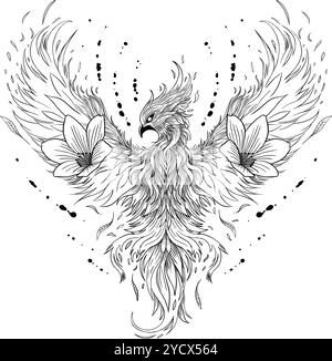 Phoenix illustration dessinée à la main avec des fleurs. Noir Blanc conception mystique Banque D'Images