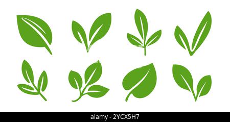 Symbole de feuille verte. Jeu d'icônes de feuilles de plantes ou d'arbres. Panneaux d'étiquettes biologiques ou naturels Illustration de Vecteur