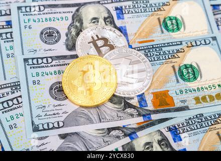 Pièces d'or et d'argent de crypto-monnaie se trouvant sur plus d'une centaine de billets de dollars américains Banque D'Images