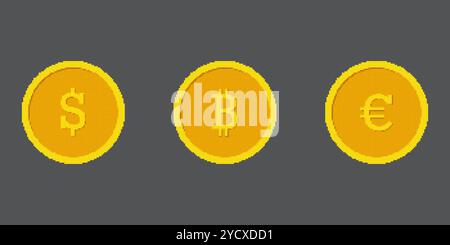 Jeu d'icônes de pièces de monnaie pixelisées rétro dorées. Pièces Pixel Art de Dollar, Bitcoin et Euro. Illustration vectorielle isolée Illustration de Vecteur