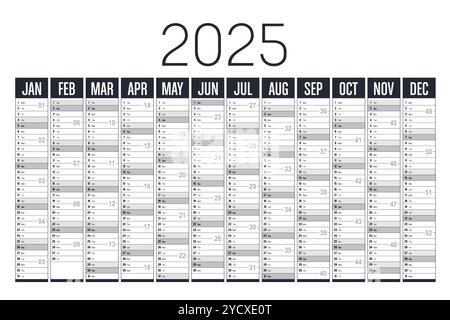 Calendrier mural horizontal noir et blanc année 2025, langue anglaise, modèle vectoriel Illustration de Vecteur