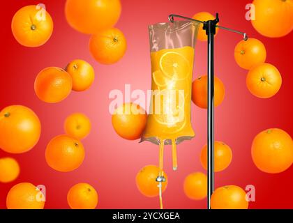 La vitaminothérapie intraveineuse. Kit de perfusion IV et oranges tombantes sur fond rouge Banque D'Images