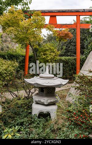Un jardin japonais serein avec une lanterne en pierre traditionnelle, un feuillage d'automne vibrant et une porte torii orange saisissante, encapsulant un cadre paisible et Banque D'Images