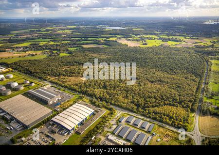 Luftbild, industrie- und Gewerbepark Hünxe Bucholdoumen-West mit Garagen Anlage Otto-Hahn-Straße und HotWash Hünxe, Waldgebiet FFH Naturschutzgebiet Kaninchenberge, Fernsicht und blauer Himmel mit Wolken, Bucholdoumen, Hünxe, Niederrhein, Nordrhein-Westfalen, Deutschland ACHTUNGxMINDESTHONORARx60xEURO *** vue aérienne, parc industriel et commercial Hünxe Bucholdoumen Ouest avec garages Otto Hahn Straße et HotWash Hünxe, zone forestière réserve naturelle FFH Kaninchenberge, vue lointaine et ciel bleu avec nuages, Bucholdoumen, Hünxe, Bas-Rhin, Rhénanie du Nord-Westphalie, Allemagne ATTENTIONxMINDESTHON Banque D'Images