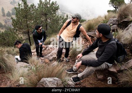 Un groupe de jeunes hommes aime une randonnée passionnante à travers Cumbres del Ajusco, Mexico, naviguant à travers des pins luxuriants et des terrains accidentés Banque D'Images