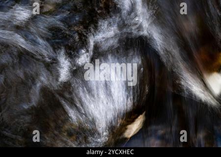 Gros plan de motifs d'eau tourbillonnants capturés avec flou de mouvement pour un effet abstrait. Banque D'Images