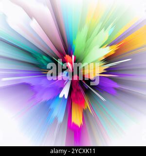 Une illustration 3D vibrante avec des éclats explosifs de couleurs rayonnant d'un point central, se fondant en douceur dans le blanc idéal pour vif et dynami Banque D'Images