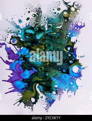 Cette œuvre captivante présente une fusion envoûtante de gouttes d'encre, mettant en valeur des interactions dynamiques et un spectre de couleurs vives qui créent un abs Banque D'Images