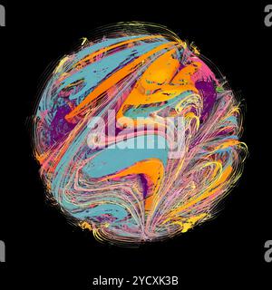 Cette œuvre d'art vibrante présente une sphère de particules en 3D avec des motifs tourbillonnants de rose, bleu, orange et jaune, placés sur un fond noir dur, Creat Banque D'Images