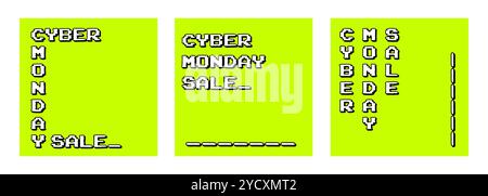 Bannière Cyber monday dans le style de jeu vidéo d'arcade rétro. Typographie d'arcade sur fond de couleur vive acide. Bannière de vente avec espace de copie. Illustration de Vecteur