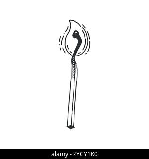 Burning match, illustration vectorielle. Match brûlant de forme courbe dessinée à la main avec de l'encre noire sur fond blanc. Illustration vectorielle. Convient pour Illustration de Vecteur