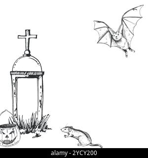 Halloween, monument du cimetière, rat, citrouille avec visage, chauve-souris, tous les objets sont dessinés à la main avec de l'encre et transférés au vecteur. Cadre d'Halloween. Pour Illustration de Vecteur
