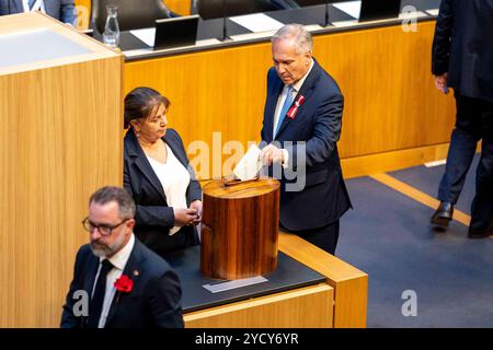 Vote de WALTER ROSENKRANZ lors de l'élection du 1.Président du Conseil national lors de la réunion constitutive du Conseil national nouvellement élu au Parlement autrichien. Banque D'Images