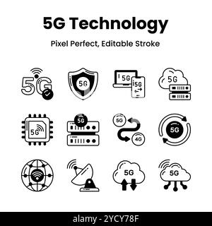 Libérez votre créativité avec nos icônes de réseau 5G Donnez à vos visuels des icônes élégantes et modernes qui symbolisent la puissance de la connectivité haut débit. Illustration de Vecteur