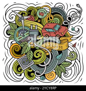 Motif caniche vectoriel de voitures électriques. Composition colorée et détaillée avec de nombreux objets et symboles de transport écologique Illustration de Vecteur