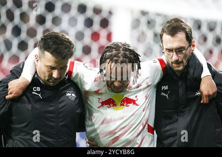 Leipzig, Allemagne. 23 octobre 2024. Xavi Simons de Leipzig est blessé lors de leur match de football de l'UEFA Champions League entre le RB Leipzig et le Liverpool FC au Red Bull Arena Stadion . Crédit : Davide Elias / Alamy Live News Banque D'Images