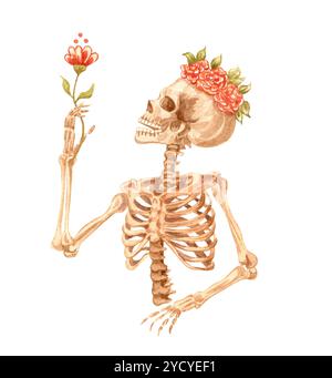 Scull humain décoré de couronne florale. Illustration aquarelle. Journée mexicaine des morts. Banque D'Images