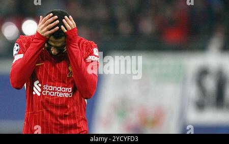 Leipzig, Allemagne. 23 octobre 2024. Mohamed Salah de Liverpool réagit lors de leur match de football de l'UEFA Champions League entre le RB Leipzig et le Liverpool FC au Red Bull Arena Stadion . Crédit : Davide Elias / Alamy Live News Banque D'Images