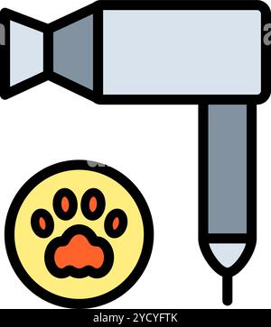 Sèche-cheveux pour animaux de compagnie avec icône de couleur de patte. Toilettage et soins pour chats et chiens. Outil de toilettage isolé sur fond blanc. Illustration de Vecteur