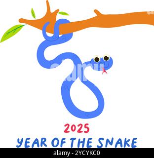 Joyeuse carte de voeux du nouvel an chinois 2025 avec serpent mignon et phrase. Personnage de dessin animé de zodiaque animal. Illustration vectorielle Illustration de Vecteur