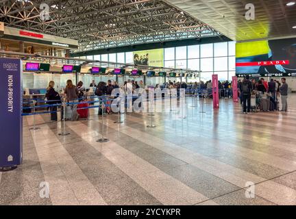 Ferno, Milan-Malpensa, Italie - 29 septembre 2024 : les passagers ont fait la queue pour l'enregistrement à l'intérieur du terminal 1 de l'aéroport de Milan-Malpensa. Banque D'Images