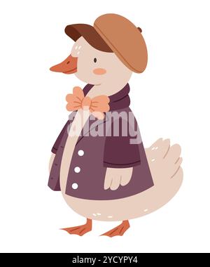 Canard de dessin animé mignon avec arc et casquette dans un style vintage dans des couleurs beige brun pastel. Illustration de Vecteur