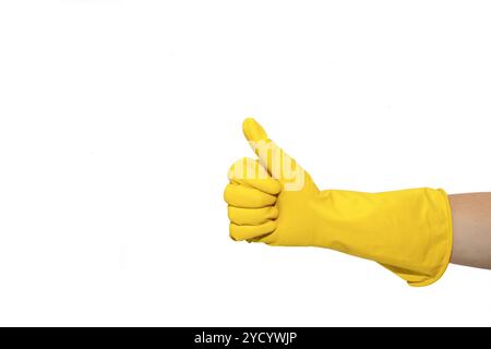 Comme l'insigne d'un gant en caoutchouc jaune. Faites glisser le symbole avec votre doigt vers le haut. Isolé sur fond blanc Banque D'Images