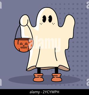 Personnage de dessin animé fantôme tenant seau de citrouille et souriant, vecteur Illustration de Vecteur