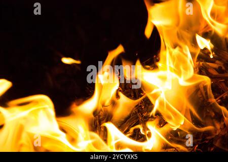 Un feu divorcé dans un grill pour un shish kebab. Feu la nuit dans le grill. Feu de joie la nuit Banque D'Images