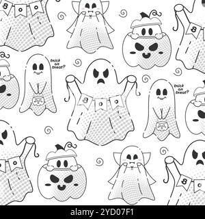 Motif fantôme mignon avec des personnages de pirate et de citrouille, vecteur Illustration de Vecteur