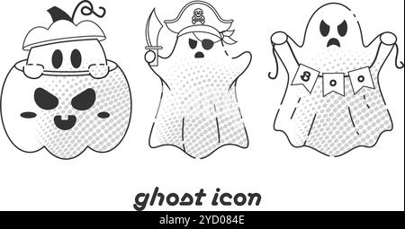 Fantômes mignons dans le modèle d'amour avec schéma de couleurs noir et blanc, vecteur Illustration de Vecteur