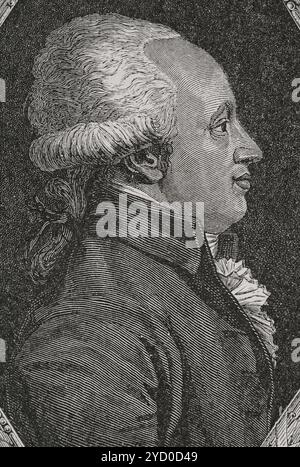 Jean-François Reubell (1747-1807) Politicien et diplomate français. Député constitutif à la Convention nationale (1792-1795), à Feuillant (Club des Feuillants) puis à Montagnard (la montagne), il soutient le régicide du roi Louis XVI et la guerre contre la première Coalition. Président du Directoire de la République française et Président du Directoire le 11 novembre 1795. Portrait. Gravure par Pannemaker. "Histoire de la Révolution française". Volume I, 1876. Banque D'Images