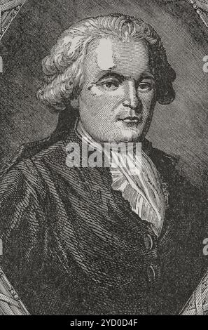 Jean Anthelme Brillat-Savarin (1755-1826) Juriste et homme politique français. Il a dû s'exiler aux États-Unis lorsque le règne de la terreur a commencé en 1793. Auteur du premier traité sur la gastronomie, 'physiologie du goût' (physiologie du goût), 1825. Portrait. Gravure par Pannemaker. "Histoire de la Révolution française". Volume I, 1876. Banque D'Images