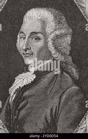 Joseph-Ignace Guillotin (1738-1814) Médecin et adjoint français. Le 2 mai 1789, il devient l'un des 10 députés de Paris aux États généraux de 1789, et est secrétaire de l'organisation de juin 1789 à octobre 1791. Le 10 octobre 1798, il a proposé l'utilisation d'un dispositif pour effectuer des exécutions en France, méthode d'exécution moins douloureuse que celles qui existaient jusqu'à cette date. Bien qu'il n'ait pas inventé la guillotine et qu'il soit opposé à la peine de mort, son nom est devenu éponyme. Portrait. Gravure par Pannemaker. "Histoire de la Révolution française". Volume I, 1876. Banque D'Images