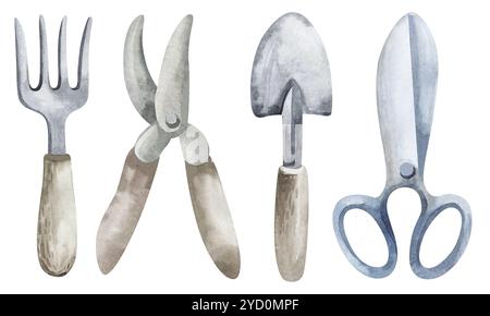 Outils de jardinage clip art aquarelle sur fond isolé. Équipement d'illustration d'ensemble dessiné à la main pour cultiver. Mettre en œuvre les éléments pour l'horticulture f Banque D'Images