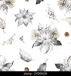 Motif aquarelle hiver sans couture. Design de Noël dessiné à la main avec des fleurs, des baies et du houx sur un fond blanc. Fond festif botanique pl Banque D'Images