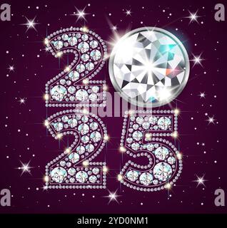 Chiffres 2025 nouvel an et Noël. De pierres scintillantes, luxueuses et précieuses - diamants. Placé dans un carré. Style réaliste. Fond néon noir. Illustration de Vecteur