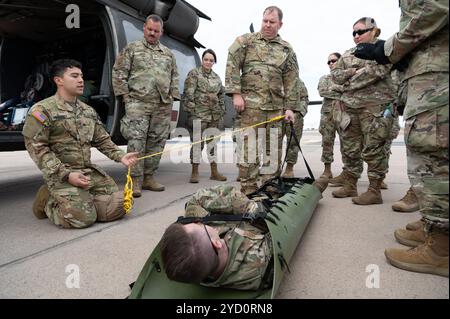 Les soldats de la Garde nationale de l'Arizona démontrent l'utilisation d'une portée aux aviateurs citoyens de la 944th Fighter Wing Reserve lors de l'entraînement conjoint Medevac à l'aéroport de Goodyear Phoenix, Goodyear, Ariz., Oct. 19, 2024. La formation a préparé les deux unités pour les missions à venir, y compris l'exercice Desert Hammer 25-1 en novembre. (Photo de l'US Air Force par Alexis Orozco, aviateur principal) Banque D'Images